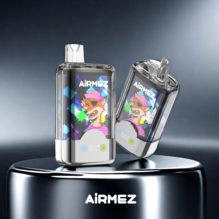 Jednorazowe e papierosy Airmez 12K w opakowaniach, z różnymi smakami i dużą liczbą buchów.