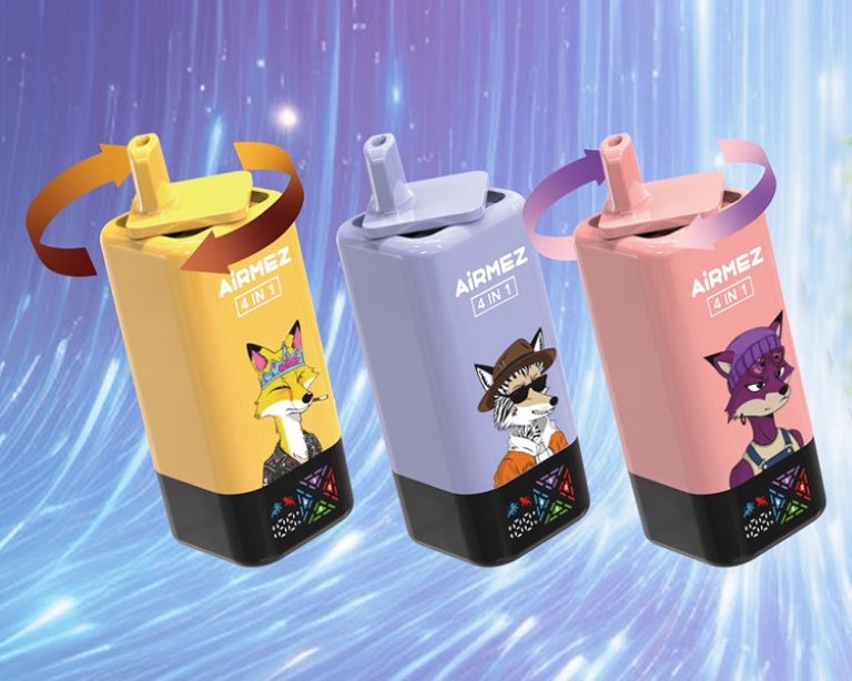 Jednorazowe e papierosy Airmez 12K w opakowaniach, z różnymi smakami i dużą liczbą buchów.