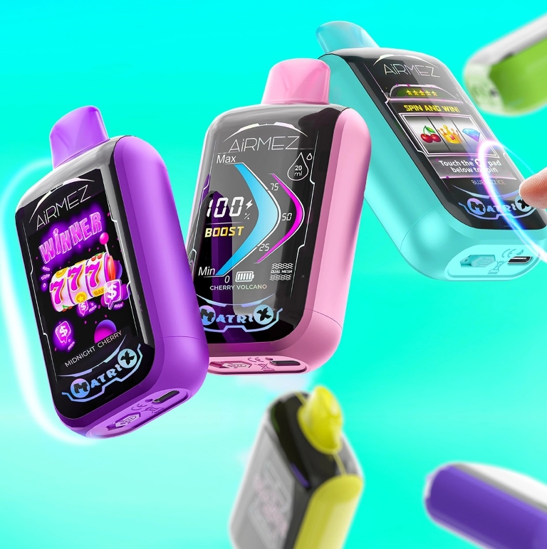 Jednorazowe e papierosy Airmez 12K w opakowaniach, z różnymi smakami i dużą liczbą buchów.